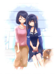 bench black_camisole black_choker black_hair black_hairband black_skirt blue_capelet book brown_skirt camisole capelet choker clenched_hand closed_eyes closed_mouth collarbone commentary_request facing_viewer feet_out_of_frame frilled_capelet frilled_choker frills gomasho_asuka hair_between_eyes hair_over_shoulder hairband hand_on_another&#039;s_head happy highres jewelry kushima_kamome kushima_sagi leaning_on_person leaning_to_the_side long_hair long_skirt long_sleeves medium_hair mother_and_daughter necklace on_bench own_hands_together pink_shirt rolling_suitcase shirt side-by-side sidelocks sitting skirt smile split_mouth straight_hair suitcase summer_pockets swept_bangs v_arms