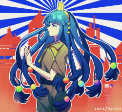 1girl belt black_belt blue_eyes blue_hair brown_shirt brown_shorts chinese_commentary closed_mouth colored_eyelashes commentary_request dated film_grain from_side hairband highres long_hair low-tied_long_hair michigami_nareko procreate_(medium) sanwanbaqiannian shirt short_sleeves shorts solo sunburst sunburst_background touhou yellow_hairband