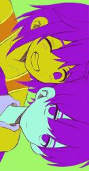 2boys ;d arm_around_neck bare_shoulders blue_skin collared_shirt colored_skin dot_nose double-parted_bangs empty_eyes green_background grin hair_behind_ear hair_between_eyes highres jitome kel_(faraway)_(omori) kel_(omori) limited_palette looking_at_another looking_at_viewer male_focus multiple_boys my_loleeta no_pupils omori one_eye_closed open_mouth orange_tank_top portrait purple_eyes purple_hair purple_sweater shirt short_hair sideways simple_background smile sunny_(omori) sweater tank_top yellow_skin