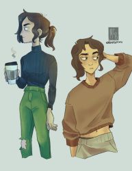 1girl artist_name bags_under_eyes black_sweater brown_hair brown_sweater cup from_side green_pants highres holding holding_cup inside_job long_sleeves midriff_peek multiple_views noidontgetthis pants reagan_ridley sweater