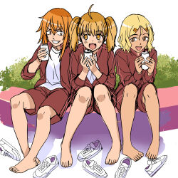 3girls :d ahoge barefoot blonde_hair brown_eyes can drink_can feet full_body gamou_maki grin holding holding_can ijiranaide_nagatoro-san jacket long_hair multiple_girls nagatoro_hayase open_mouth orange_eyes orange_hair red_jacket red_shorts sakura_(nagatoro) school_uniform shirt shoes short_hair shorts simple_background sitting smile soda_can tan teeth toes touya_(msdonuts18) track_jacket twintails unworn_shoes white_background white_shirt yellow_eyes yoshi_(nagatoro)