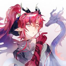 Rule 34 | 1boy, :o, arknights, chinese commentary, chromatic aberration, colored extremities, commentary request, dragon, earrings, eastern dragon, green eyes, hair between eyes, hair intakes, hand up, highres, horns, jewelry, long hair, looking at viewer, male focus, multicolored hair, parted lips, pointy ears, ponytail, purple hair, red hair, solo, two-tone hair, white background, yu (arknights), zhihuiduirendeyuduidui
