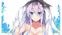1girl blue_eyes blush breasts cleavage collarbone commentary_request dress_shirt female_focus fuyou-chan hair_between_eyes hand_up highres large_breasts long_hair long_sleeves looking_at_viewer milkpanda nude original out-of-frame_censoring parted_lips shirt shirt_over_head sidelocks silver_hair solo very_long_hair white_shirt