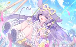 1girl :d angelic_link animal_ears asymmetrical_legwear bandaid bandaid_on_knee bandaid_on_leg blue_sky character_request cloud commentary_request convenient_leg day dress flower frilled_dress frills grey_shoes hair_ornament hair_ribbon hairclip heart heart_hair_ornament komachi_pochi long_hair long_sleeves official_art open_mouth outdoors petals pink_dress pink_flower pink_rose puffy_long_sleeves puffy_sleeves purple_eyes purple_hair ribbon rose shoe_soles shoes sitting sky smile socks solo swing swing_set tail very_long_hair white_flower white_rose white_socks x_hair_ornament yellow_flower yellow_ribbon yellow_rose