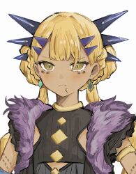1girl aged_down blonde_hair breasts chin_piercing dark-skinned_female dark_skin dragon_girl dragon_horns face_piercing facial_mark fate/grand_order fate_(series) fgo_si highres horns long_hair looking_at_viewer piercing small_breasts smile solo vritra_(fate) yellow_eyes