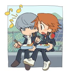 Rule 34 | 2boys, bento, brown hair, chopsticks, eating, food, grey hair, hanamura yousuke, headphones, headphones around neck, highres, holding, holding bento, holding chopsticks, looking at another, multiple boys, musical note, narukami yu, nt 26, persona, persona 4, school uniform, sitting, yasogami school uniform
