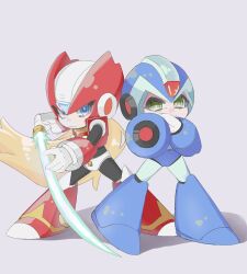 2boys aiming aiming_at_viewer arm_cannon armor blonde_hair blue_armor blue_eyes blue_helmet chest_jewel chibi energy_sword forehead_jewel full_body gotoku green_eyes grey_background helmet highres holding holding_sword holding_weapon long_hair male_focus mega_man_(series) mega_man_x_(series) multiple_boys red_armor red_helmet simple_background sword weapon x_(mega_man) z_saber zero_(mega_man)