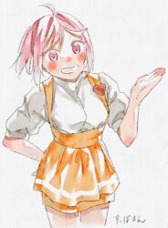 Rule 34 | 1girl, ahoge, alternate costume, alternate hairstyle, apron, badge, character name, collared shirt, dress shirt, employee uniform, grin, hand on own hip, kantai collection, name tag, orange apron, orange skirt, pink eyes, pink hair, sazanami (kancolle), shirt, short hair, side ponytail, skirt, smile, solo, suppaman (rfjy), underbust, white shirt