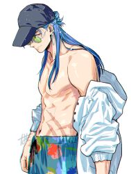 Rule 34 | 1boy, abs, baseball cap, black hat, blue hair, closed mouth, commentary request, cowboy shot, cu chulainn (caster) (fate), cu chulainn (fate), cu chulainn (tropical rune summer) (fate), drawstring, earrings, fate/grand order, fate (series), floral print, green-tinted eyewear, hat, highres, jacket, jacket partially removed, jewelry, long hair, looking at viewer, looking to the side, male focus, male swimwear, multiple scars, namo, navel, official alternate costume, open clothes, open jacket, pectorals, piercing, profile, red eyes, round eyewear, scar, scar on stomach, sidepec, sleeves rolled up, smile, solo, standing, swim trunks, tinted eyewear, toned, toned male, white jacket