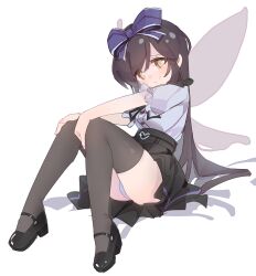 Rule 34 | 1girl, absurdres, black hair, black ribbon, black shoes, black skirt, black thighhighs, blue bow, bow, closed mouth, fairy wings, full body, gumingdi ban, hair bow, head tilt, high-waist skirt, highres, long hair, looking at viewer, mary janes, neck ribbon, panties, ribbon, shirt, shirt tucked in, shoes, sidelocks, simple background, skirt, smile, solo, star sapphire, thighhighs, touhou, underwear, very long hair, white background, white panties, white shirt, wings, yellow eyes