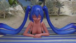 3d beach bikini blue_hair breasts hatsune_miku large_breasts micro_bikini non-web_source smile swimsuit tan vocaloid