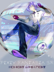 1boy androgynous coattails gloves heterochromia holographic_interface male_focus nishihara_isao personification pixiv_fantasia pixiv_fantasia_sword_regalia purple_eyes purple_hair short_hair siri solo orb twitter yellow_eyes