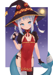Rule 34 | 1girl, absurdres, bandaged leg, bandaged tail, bandages, black gloves, black hat, black panties, black thighhighs, blue eyes, blue hair, blunt bangs, border, braid, clover (cloversoya), cosplay, covered navel, dress, fingerless gloves, fins, fish tail, flat chest, full moon, gawr gura, gloves, hair ornament, hat, highres, hololive, hololive english, kono subarashii sekai ni shukufuku wo!, looking at viewer, medium hair, megumin, megumin (cosplay), moon, multicolored hair, panties, parted lips, pelvic curtain, red dress, shark girl, shark hair ornament, shark tail, side-tie panties, silver hair, single thighhigh, sky, solo, star (sky), streaked hair, tail, thighhighs, twin braids, underwear, virtual youtuber, witch hat