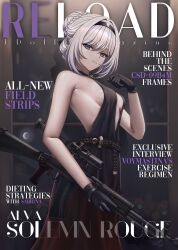 1girl absurdres an-94 an-94_(girls&#039;_frontline) an-94_(silent_rouge)_(girls&#039;_frontline) assault_rifle bare_shoulders black_dress black_gloves black_hairband blue_eyes breasts caiman_pool commentary cover dress english_commentary english_text fake_magazine_cover girls&#039;_frontline gloves gradient_clothes gradient_dress gun hairband highres holding holding_gun holding_weapon looking_at_viewer magazine_cover medium_breasts official_alternate_costume open_mouth red_dress rifle solo weapon white_hair white_mouth