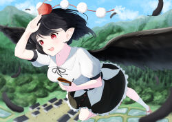 1girl :d absurdres black_feathers black_ribbon black_skirt black_wings breasts collared_shirt commentary_request falling_feathers feathered_wings feathers frilled_skirt frills geta hat highres kneehighs medium_breasts neck_ribbon open_mouth pointy_ears pom_pom_(clothes) puffy_short_sleeves puffy_sleeves red_eyes red_hat ribbon shameimaru_aya shirt short_hair short_sleeves skirt smile socks tassel teeth tengu-geta tokin_hat touhou upper_teeth_only white_shirt white_socks wings yuwayuwano0909