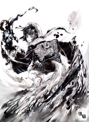 Rule 34 | barefoot, calligraphy brush (medium), full body, greyscale, highres, japanese clothes, kimono, monochrome, original, tail, traditional youkai, wide sleeves, wings, yuutaro 5