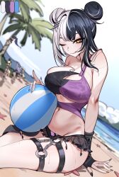 Rule 34 | 5girls, ;p, absurdres, ball, beach, beachball, bikini, black bikini, black hair, black nails, breasts, cleavage, color guide, commentary, day, double bun, doujenrad, english commentary, fuwawa abyssgard, fuwawa abyssgard (holonatsu paradise), grey hair, hair bun, highres, holding, holding ball, holding beachball, holoadvent, hololive, hololive english, koseki bijou, koseki bijou (holonatsu paradise), large breasts, looking at viewer, mococo abyssgard, mococo abyssgard (holonatsu paradise), multicolored bikini, multicolored hair, multiple girls, navel, nerissa ravencroft, nerissa ravencroft (holonatsu paradise), official alternate costume, official alternate hairstyle, one eye closed, outdoors, purple bikini, shiori novella, shiori novella (holonatsu paradise), solo focus, split-color hair, swimsuit, tongue, tongue out, two-tone bikini, two-tone hair, virtual youtuber, yellow eyes