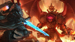 2boys absurdres angron armor armored_boots artist_name blurry boots breastplate butcher&#039;s_nails chainmail chinese_commentary colored_skin commentary_request copyright_name couter cuirass dark_angels demon_primarch demon_wings depth_of_field embers faux_text fealty_(weapon) feet fighting fire flying from_behind full_armor gauntlets glowing glowing_eyes glowing_sword glowing_weapon greaves green_armor helmet highres holding holding_sword holding_weapon incoming_attack jetpack khorne_(symbol) leg_armor lion_el&#039;jonson looking_at_another male_focus mechabare motion_blur multiple_boys muscular muscular_male open_mouth ornate_armor outdoors pauldrons pelvic_curtain poleyn power_armor primarch purity_seal red_eyes red_skin rerebrace roaring samni&#039;arius sharp_teeth shoulder_armor skull skull_ornament sparks spiked_armor spiked_pauldrons spiked_tail sword tail teeth tongue torn_wings warhammer_40k weapon winged_helmet wings world_eaters zhang_bozi