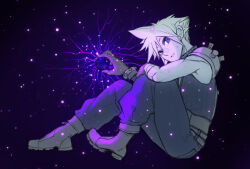 1boy armor belt black_materia blonde_hair blue_eyes boots cloud_strife cloudcloudcloud commentary dark earrings english_commentary final_fantasy final_fantasy_vii final_fantasy_vii_remake floating gloves jewelry looking_at_viewer magic male_focus pauldrons short_hair shoulder_armor single_earring single_pauldron sitting sleeveless sleeveless_turtleneck spiked_hair turtleneck