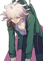 1boy :d black_pants collarbone danganronpa_(series) danganronpa_2:_goodbye_despair green_jacket grey_hair hair_between_eyes highres hood jacket komaeda_nagito long_sleeves male_focus medium_hair messy_hair open_mouth pants shirt simple_background smile solo white_background youko-shima