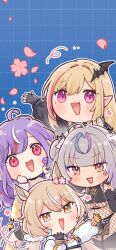 4girls ahoge animal_ears bandaid bandaid_on_cheek bandaid_on_face bat_hair_ornament biscotti_(vtuber) blonde_hair blue_eyes bodystocking breasts brown_eyes brown_hair cherry_blossoms chibi chibi_only cropped_hoodie fang fingerless_gloves fishnet_bodystocking fishnets flower fox_hair_ornament gloves grey_hair hair_flower hair_ornament hakamii highres hood hoodie horse_girl kou_mariya large_breasts long_hair looking_at_viewer mole mole_under_eye mono_monet multicolored_eyes multicolored_hair multiple_girls open_mouth orange_gloves pink_hair pink_streaks pointy_ears purple_eyes purple_hair red_eyes red_hair scrunchie skin_fang smile streaked_hair twintails two-tone_gloves v4mirai virtual_youtuber white_hair white_hoodie white_scrunchie yae_yugiri yellow_eyes