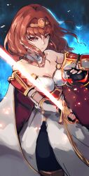 1girl absurdres armor black_skirt breastplate breasts cape celica_(fire_emblem) choker cleavage dress earrings fingerless_gloves fire fire_emblem fire_emblem_echoes:_shadows_of_valentia gloves highres holding holding_sword holding_weapon jewelry long_hair magic medium_breasts nintendo orange_eyes orange_hair princess red_eyes red_hair shield shizu_(shizuillust) skirt solo sword tiara weapon white_armor white_dress