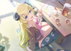 1girl :d ahoge animal_ears barefoot blonde_hair blurry bow breasts brown_jacket chest_bow commentary_request copyright_notice cotton_swab day depth_of_field flower full_body hair_flower hair_ornament hairclip holding_cotton_swab hololive horns indoors jacket large_breasts long_hair looking_at_viewer looking_up official_art open_mouth pink_bow pink_shirt pink_shorts pom_pom_(clothes) pom_pom_hair_ornament purple_eyes sheep_ears sheep_girl sheep_horns shirt short_shorts shorts sitting sleeves_past_wrists smile solo tokisaka_makoto tsunomaki_watame very_long_hair virtual_youtuber