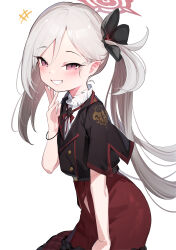 Rule 34 | 1girl, absurdres, black flower, black scrunchie, black shirt, blue archive, blush, flower, grey hair, grin, hair flower, hair ornament, hair scrunchie, halo, highres, long hair, looking at viewer, mutsuki (blue archive), pink eyes, pointy ears, purple eyes, red halo, red skirt, scrunchie, shirt, short sleeves, side ponytail, simple background, skirt, smile, solo, somray, white background, white hair