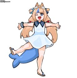 1girl ;d absurdres animal_ear_fluff blaparky blonde_hair blue_eyes blue_streaks commentary dress english_commentary fins fish_tail full_body highres indie_virtual_youtuber low_twintails one_eye_closed open_mouth outstretched_arms sameko_saba sandals simple_background smile solo standing standing_on_one_leg tail twintails two_side_up virtual_youtuber white_background white_dress