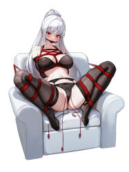 1girl absurdres arms_behind_back ball_gag bdsm black_bra black_gloves black_panties black_thighhighs blush bondage bound bra breast_bondage breasts chair egg_vibrator elbow_gloves gag gagged garter_belt garter_straps gloves highres kumachi_(aikawaakeya) large_breasts long_hair looking_at_viewer navel on_chair original panties ponytail red_eyes separated_legs sex_toy shibari shibari_over_clothes sitting solo stomach thighhighs underwear very_long_hair vibrator white_background white_hair wiffle_gag