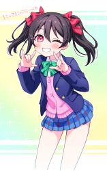 Rule 34 | 1girl, \m/, black hair, blazer, blue jacket, blue skirt, blush, bow, bowtie, buttons, cardigan, collared shirt, commentary, cropped legs, double \m/, green bow, green bowtie, grin, hair between eyes, hair bow, heart, highres, himemiya chiharu, jacket, long sleeves, looking at viewer, love live!, love live! school idol project, miniskirt, nico nico nii, one eye closed, open clothes, open jacket, otonokizaka school uniform, pink cardigan, plaid clothes, plaid skirt, pleated skirt, red bow, red eyes, school uniform, shirt, skirt, smile, solo, sparkle, standing, striped bow, striped bowtie, striped clothes, translated, twintails, white shirt, winter uniform, yazawa nico