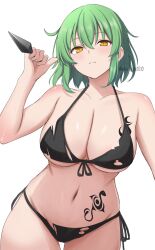 1girl areola_slip artist_name bikini black_bikini breast_tattoo breasts cleavage closed_mouth collarbone commentary_request covered_erect_nipples front-tie_bikini_top front-tie_top green_hair hair_between_eyes hand_up highres hikage_(senran_kagura) hip_tattoo holding holding_kunai holding_weapon kunai large_breasts leaning_forward light_blush light_frown looking_at_viewer medium_hair navel orange_eyes senran_kagura side-tie_bikini_bottom simple_background slit_pupils snake_tattoo stomach_tattoo strap_gap surippa1010 swimsuit tattoo thigh_gap torn_bikini torn_clothes twitter_username underboob weapon white_background yellow_eyes