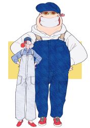 1boy 1girl blue_hat blue_overalls commentary_request full_body goggles hair_over_one_eye hands_on_own_hips hat heart_blody highres looking_at_viewer lucky_roux one_piece one_piece_film:_red overalls purple_eyes red_shoes shoes simple_background smile sunglasses uta_(one_piece) white_background yellow_background