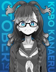 177013 blue_eyes emergence_(shindol) glasses hair_ribbon hololive hololive_indonesia kobo_kanaeru meme monochrome ribbon school_uniform twintails yoshida_saki_(cosplay)