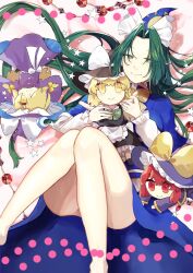 1girl bare_legs black_hat blue_hat character_doll doll green_eyes green_hair hat highres holding holding_doll kirisame_marisa kirisame_marisa_(pc-98) kuma_xylocopa lying mima_(touhou) no_panties purple_hat star_(symbol) touhou touhou_(pc-98)