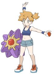 1girl adapted_costume armpits asymmetrical_hair bikini blue_eyes blue_shirt breasts cowboy_shot creatures_(company) game_freak gen_1_pokemon gym_leader highres holding holding_poke_ball legs misty_(pokemon) navel nintendo okura_0426 orange_hair poke_ball pokemon pokemon_(creature) pokemon_frlg ponytail red_hair shirt short_hair side_ponytail solo spandex starmie swimsuit thighs