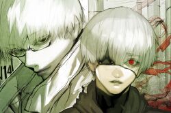 arima_kishou black_hood black_shirt closed_mouth coat eyepatch glasses grey_coat heterochromia highres hood kagune_(tokyo_ghoul) kaneki_ken lips looking_at_viewer male_focus nose parted_lips partially_shaded_face pillar red_eyes shadow shirt short_hair stfr_(stfr_kaz) stone_pillar teeth tokyo_ghoul white_hair
