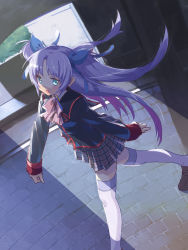 Rule 34 | 1girl, akayama yukihe, blue eyes, blue ribbon, bow, hair ribbon, highres, little busters!, long hair, looking at viewer, night, open mouth, plaid clothes, plaid skirt, red bow, ribbon, sasasegawa sasami, skirt, solo, thighhighs, very long hair, walking, white thighhighs, zettai ryouiki