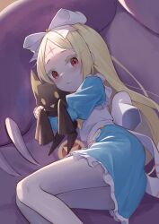 1girl absurdres ass blonde_hair blue_dress blush bow brown_eyes dress facial_mark forehead forehead_mark hair_bow highres hirotaka0125 hugging_object long_hair looking_at_viewer lying mahou_shoujo_ni_akogarete morino_korisu nero_alice on_side pantyhose ribbon stuffed_toy thighs venalita white_pantyhose
