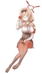 1girl absurdres black_boots black_hairband black_skirt blue_archive boots brown_hair chinatsu_(blue_archive) closed_mouth glasses gloves hair_ribbon hairband high-waist_skirt highres knee_boots long_hair pantyhose playing_with_own_hair red_gloves red_pantyhose red_ribbon ribbon shirt sidelocks skirt smile solo white_shirt xianyusixu yellow_eyes