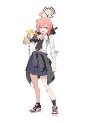 1girl absurdres ahoge black_cardigan black_nails black_shirt black_socks blue_archive blue_skirt braid cardigan cardigan_around_waist chain clothes_around_waist collared_shirt dress_shirt gun hair_between_eyes halo highres holding holding_gun holding_weapon lemon_tea_(15058751917) nail_polish neru_(blue_archive) neru_(school_uniform)_(blue_archive) open_clothes open_mouth open_shirt orange_hair pleated_skirt red_eyes red_shoes school_uniform shirt shoes short_sleeves sig_mpx simple_background single_braid skirt socks solo standing submachine_gun thick_eyebrows tsurime v-shaped_eyebrows weapon white_background white_shirt
