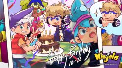 aqua_eyes aqua_hair artistic_error backwards_hat baseball_cap beard_stubble berecca birthday black_hoodie black_shirt black_shorts blue-framed_eyewear blue_coat blue_eyes blue_pants blue_pupils blue_sleeves blunt_bangs blurry blurry_foreground bow box burton_(ninjala) cake candle candlelight child chipped_tooth closed_eyes coat collared_vest commentary confetti copyright_name copyright_notice dark-skinned_female dark_skin denim dreadlocks dual_persona emma_(ninjala) english_commentary facial_hair fluffy_hair food freckles gift gift_box glasses green_eyes green_hair green_pupils gungho hair_between_eyes half_updo happy_birthday hat headphones headphones_around_neck hood hoodie jacket jeans kappei_(ninjala) kinky_hair lapels logo logo_print long_sleeves looking_at_viewer medium_hair multicolored_hair ninjala nose nose_tape notched_lapels o-ring official_art open_mouth orange_sleeves outline padded_jacket padded_vest pants pants_rolled_up picture_frame pink_hair pink_shirt ponytail print_shirt purple_hair purple_outline red_vest rianti-wong second-party_source shirt short_sleeves shorts shuriken sleeveless_vest sparkle streaked_hair striped_clothes striped_wrist_cuffs stubble table teeth thinking tongue two-tone_shirt upper_teeth_only v van_(ninjala) vest watermark weapon web_address white_hair white_hat white_jacket white_shirt wrist_cuffs yellow_bow yellow_jacket