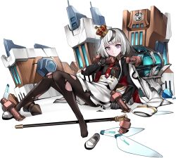 1girl black_hair cane closed_mouth coat crossover crown danganronpa:_trigger_happy_havoc danganronpa_(series) dress eyebrows eyelashes female_focus formal_clothes frown full_body hand_up hime_cut hope&#039;s_peak_academy humanization jacket kibogamine_gakuen leggings looking_at_viewer multicolored_hair necktie official_art one_shoe one_shoe_removed oshiro_project:re purple_eyes shoes simple_background sitting solo solo_focus suit torn_clothes torn_jacket torn_leggings torn_suit transparent_background unworn_shoes white_coat white_dress white_hair