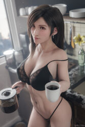 abs black_bra black_panties blurry blurry_background bra breasts carafe coffee_mug commentary cup earrings final_fantasy final_fantasy_vii final_fantasy_vii_remake flower highres jewelry kitchen lace lace-trimmed_bra lace_trim large_breasts long_hair looking_at_viewer mug mustard_sfm navel panties renderingbutts smile spectra_3d stomach strap_slip tifa_lockhart toned toned_female underwear underwear_only vase very_long_hair