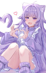 1girl absurdres alternate_costume animal_ears aoi_(pixiv_96230382) apron blush cat_ears cat_girl cat_tail dress four-finger_heart_hands heart heart_hands heart_tail highres hololive long_hair looking_at_viewer nekomata_okayu open_mouth purple_dress purple_eyes purple_hair smile solo tail very_long_hair virtual_youtuber white_apron