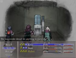 1boy 1girl 1other androgynous animal_ears armlet armor blue_hair blue_skin bracelet cape clenched_hands colored_skin deltarune dialogue_box english_text fake_screenshot fear_&amp;_hunger_(series) fear_&amp;_hunger_1 from_behind full_body furry furry_female furry_male gameplay_mechanics gauntlets gloves goat_boy goat_ears greaves health_bar heart_(organ) horns indoors jewelry kasugmond kris_(dark_world)_(deltarune) kris_(deltarune) pants parody pink_scarf purple_skin ralsei scarf short_hair shoulder_guard spiked_armlet spiked_bracelet spikes standing style_parody susie_(dark_world)_(deltarune) susie_(deltarune) tile_floor tiles user_interface water_cooler