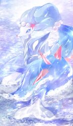 blue_eyes blue_hair closed_mouth commentary english_commentary full_body gen_7_pokemon highres kukuna27 long_hair looking_at_viewer mixed-language_commentary nintendo no_humans ocean pokemon pokemon_(creature) pokemon_focus primarina solo twitter_username very_long_hair