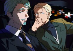2boys 444_fofofo beard black_suit black_sweater blonde_hair car_interior challia_bull char_aznable covering_own_mouth facial_hair formal_clothes green_eyes green_hair green_suit gundam gundam_gquuuuuux highres looking_at_viewer male_focus multiple_boys mustache necktie short_hair smile suit sweater turtleneck turtleneck_sweater vest
