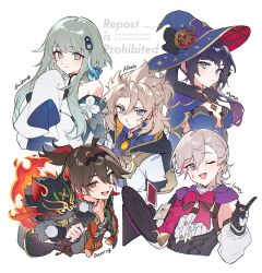2girls 3boys ;d absurdres albedo_(genshin_impact) armor blush breasts brown_hair character_name cleavage commentary_request double-parted_bangs fur_trim gaming_(genshin_impact) genshin_impact guizhong_(genshin_impact) hair_between_eyes hat highres looking_at_viewer lyney_(genshin_impact) man_chai_(genshin_impact) mochimiya_(coyo) mona_(genshin_impact) multiple_boys multiple_girls one_eye_closed open_mouth purple_hair shoulder_armor smile twintails upper_body watermark white_background witch_hat