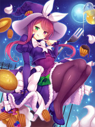 Rule 34 | 1girl, :q, arm at side, black pantyhose, blue flower, blue rose, blue shoes, blush, bow, bowtie, breasts, cake, card, chocolate, closed mouth, clubs, cookie, cream, cropped jacket, cross-laced clothes, cupcake, diamond (shape), dress, dripping, duel monster, eyelashes, female focus, fence, finger to mouth, floating, floating hair, floating object, flower, food, fork, frilled sleeves, frills, full body, full moon, fur trim, glowing, green eyes, hairband, hat, hat flower, heterochromia, high heels, highres, honey, jacket, juliet sleeves, long hair, long sleeves, looking at viewer, madolche magileine, moon, night, night sky, oversized object, pantyhose, pink bow, pink flower, pink hair, pink rose, playing card, pouring, puffy sleeves, purple eyes, purple flower, purple hair, purple hat, purple jacket, purple rose, purple skirt, ribbon, rose, shiny clothes, shoes, skirt, skirt set, sky, small breasts, solo, star (sky), starry sky, swept bangs, tongue, tongue out, transparent, white bow, white bowtie, white ribbon, witch hat, yu-gi-oh!, yuki usagi (snowcanvas)